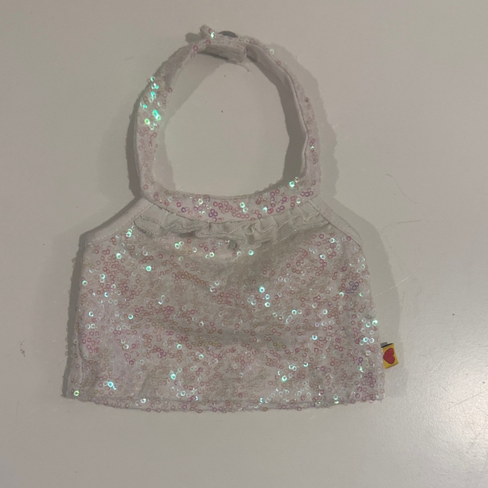 BUILD-A-BEAR Workshop White Ruffle Sequin Halter Top Plush Bear Outfit EUC